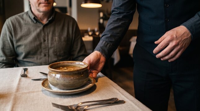 Restaurant waiter serving soup to diner, Professional table service with hot dish, Hospitality meal delivery in dining room, Restaurant food service 