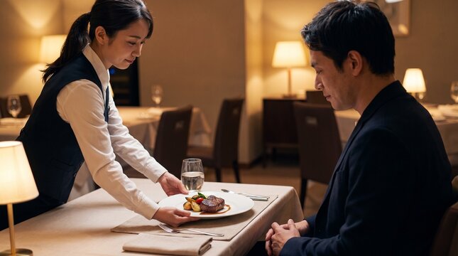 Restaurant waitress serving plated main course, Professional table service for diner, Hospitality meal delivery at restaurant, Elegant food service lifestyle 