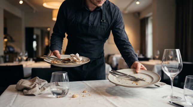 Restaurant waiter clearing finished dinner plates, Professional table reset after meal, Hospitality dining room cleanup service, Restaurant workplace 