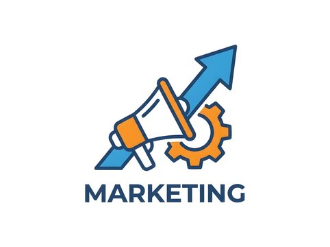 Marketing icon with megaphone and gears colorful flat vector illustration