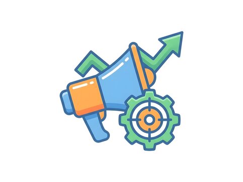 Marketing icon with megaphone and gears flat vector illustration