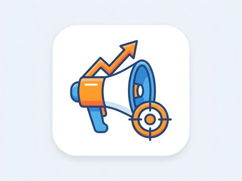 Marketing icon with megaphone and upward arrow on white background