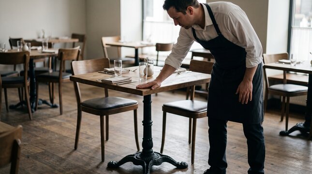 Restaurant waiter checking table stability, Professional dining room safety preparation, Hospitality staff inspecting guest furniture, Restaurant workplace 