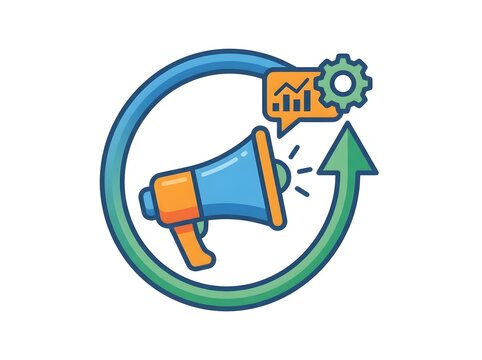 Marketing icon with megaphone chart and gears in a circular design