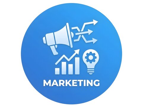 Marketing icon with megaphone graph and settings on blue background