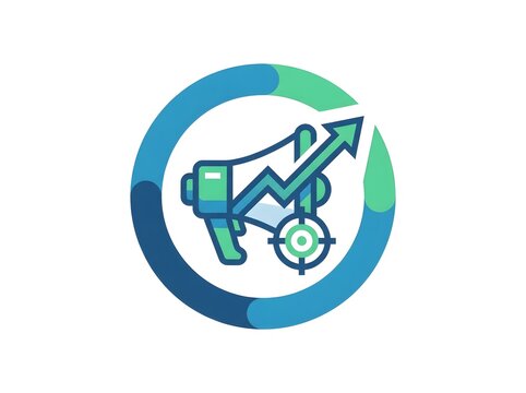 Marketing icon with megaphone graph and target on white background