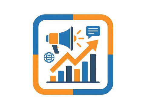 Marketing icon with megaphone chart and speech bubble on a blue and orange background