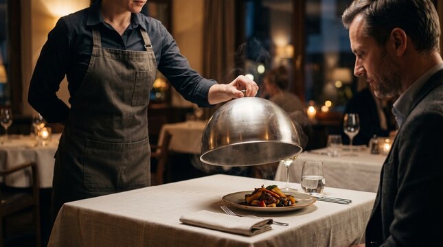 Restaurant waitress lifting serving cloche, Professional table presentation of plated meal, Hospitality fine dining service, Elegant restaurant food 