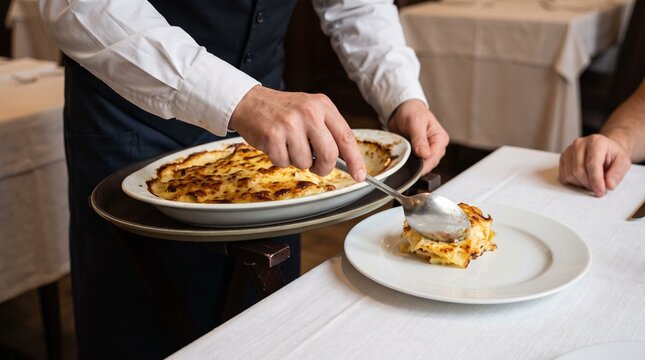 Restaurant waiter serving shared dish tableside, Professional portioning service for diner, Hospitality meal presentation at table, Restaurant food service 