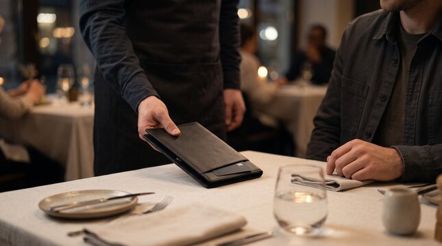 Restaurant waiter returning payment card, Professional table payment service after dining, Hospitality customer transaction scene, Restaurant service lifestyle 