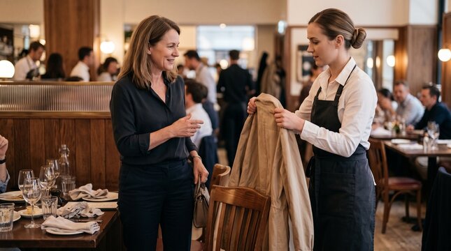 Restaurant waitress assisting departing diner, Professional hospitality guest departure service, Server handling jacket beside dining chair, Restaurant customer care 