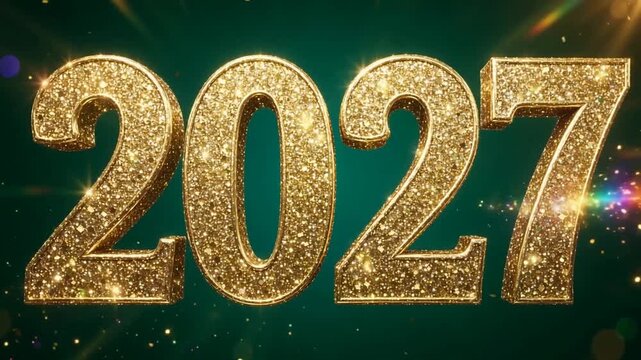 A sparkling golden year 2027 displayed in large, glittering numbers against a dark green background with bokeh effects.
