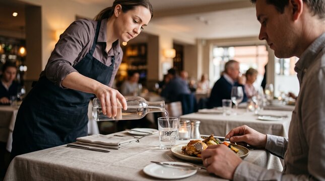 Restaurant waitress refilling diner water, Attentive professional table service, Hospitality server caring for guest during meal, Restaurant lifestyle 
