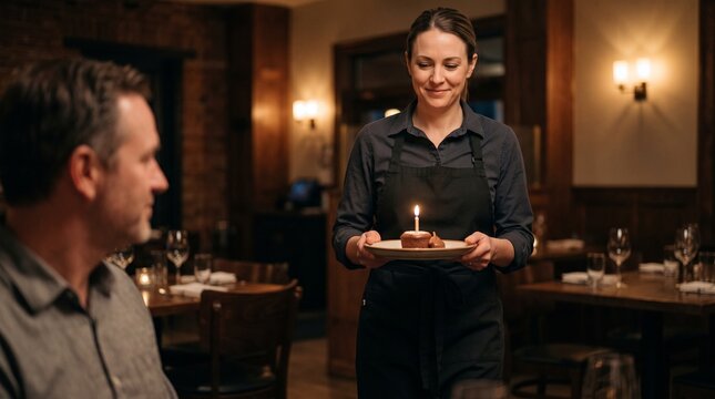 Restaurant waitress carrying birthday dessert, Professional celebration table service, Hospitality server presenting candle dessert, Restaurant lifestyle 
