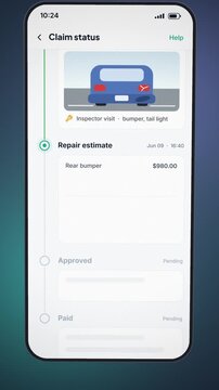Car insurance claim app on a smartphone, status timeline from inspection to payment received, vertical