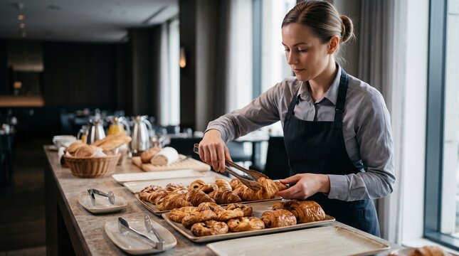 Restaurant waitress arranging breakfast pastries, Professional buffet preparation before guests, Hospitality food service morning setup, Restaurant workplace 