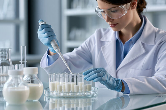 Research scientist pipetting fermented milk samples into microtubes showcasing dairy microbiome analysis and laboratory food science