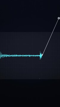 Vertical cyan seismograph trace of an earthquake on a scrolling dark grid, seamless loop