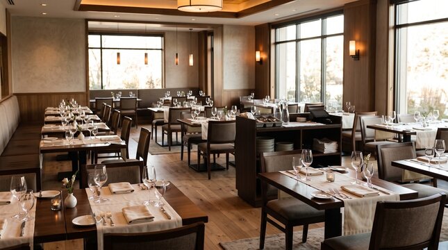 Prepared restaurant dining room interior, Tables ready for waiter service, Empty hospitality seating before opening, Wide professional restaurant photograph