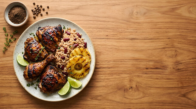 Food Background Freshness and Nutrition Concept Grilled Chicken Plate with Rice Beans and Pineapple on Wooden Table