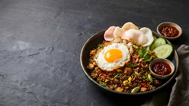Food Background Freshness and Nutrition Concept Nasi Goreng Fried Rice Bowl Served on a Dark Stone Surface