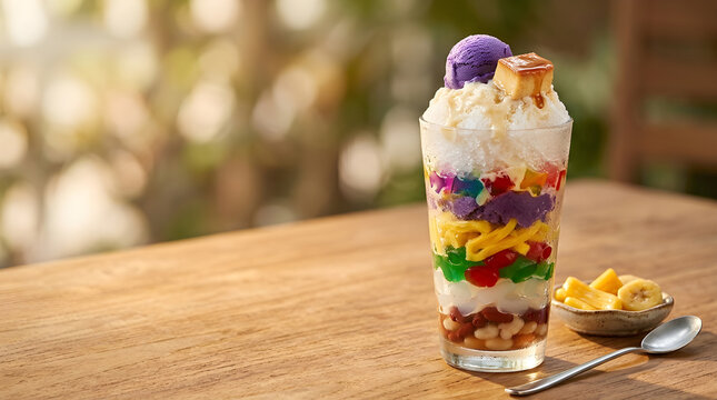 Food Background Freshness Concept Halo Halo Filipino Dessert with Shaved Ice and Fruit on a Wooden Table