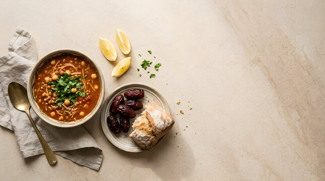 Food Background Freshness and Nutrition Concept Bowl of Harira Soup with Dates and Bread on Stone Surface