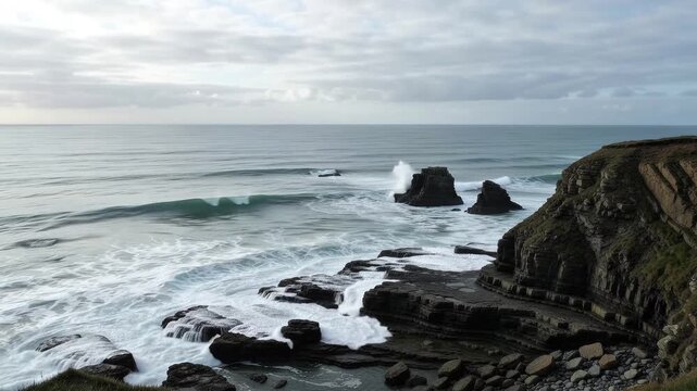 Rugged Rocky Coastline With Crashing Waves Against Jagged Sea Cliffs Under A Peaceful Cloudy Sky