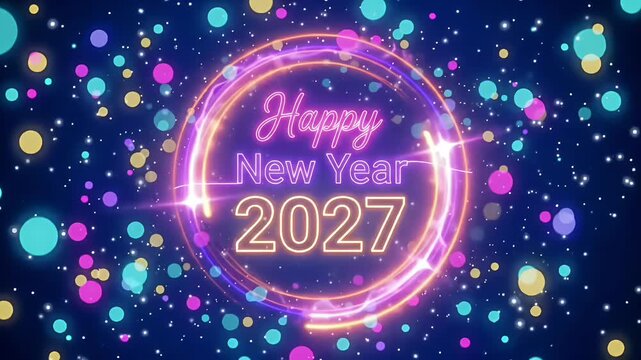 2027 year happy new year neon circle bokeh background animation loop 3d render
