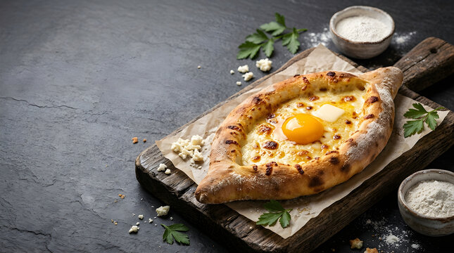 Food Background Freshness and Nutrition Concept Khachapuri with Egg Yolk and Parsley on a Dark Stone Surface