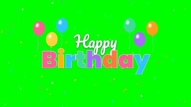 Colorful happy birthday text and balloons on green screen background