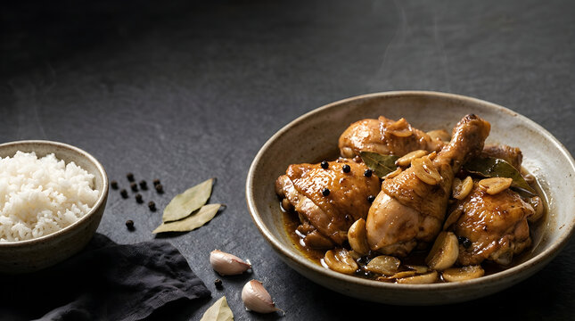 Food Background Freshness Concept Chicken Adobo with Steamed White Rice Served in Ceramic Bowl on Dark