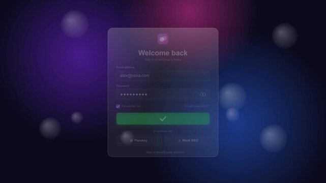 Clean login interface with glassmorphism design elements displayed on a vibrant gradient mesh background, offering modern user experience and secure account access.