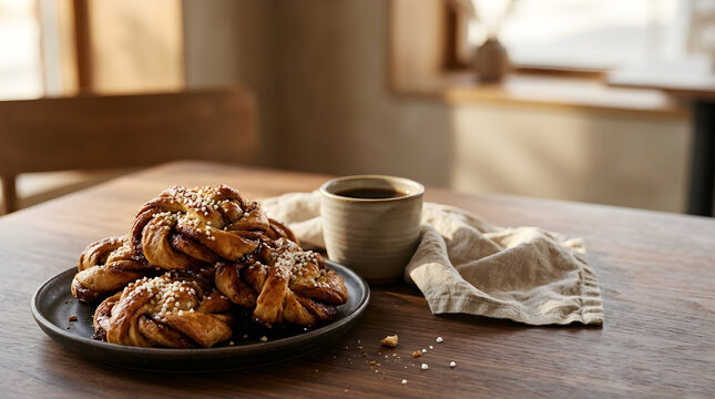Food Background Freshness Concept Cinnamon Rolls Served on Plate with Coffee Cup on Warm Wooden Table Indoor
