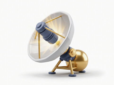 Parabolic dish solar thermal collector with golden heat storage sphere receiver concept of concentrated solar power renewable green energy isolated on white background 3d render