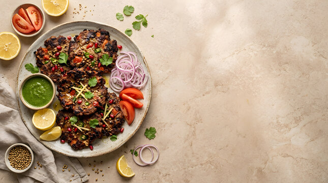 Food Background Freshness Nutrition Concept Shami Kebab Dish with Green Chutney and Vegetables on a Stone Surface