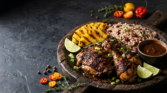 Food Background Freshness and Nutrition Concept Jerk Chicken Served on Wooden Board Against Dark Textured Studio