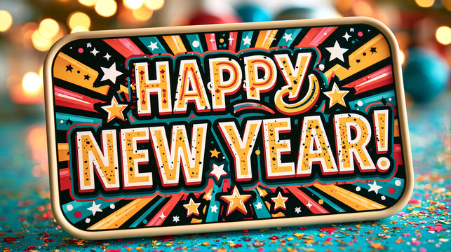 Colorful Happy New Year greeting sign with starburst decoration. New Year celebration and winter holiday season. Festive party invitation and seasonal greeting card design.