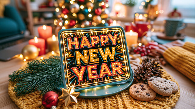 Happy New Year greeting sign with ginger cookies and Christmas lights decoration. New Year celebration and winter holiday season concept. Still life poster for lettering, typography 