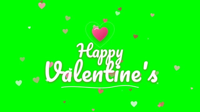 Happy valentines greeting with floating hearts on green screen