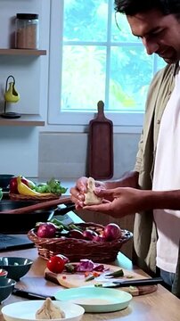 Young Indian man learning to make modak dumplings in a modern kitchen while watching a cooking tutorial on a laptop, homemade food, Indian cuisine and culinary skills concept.