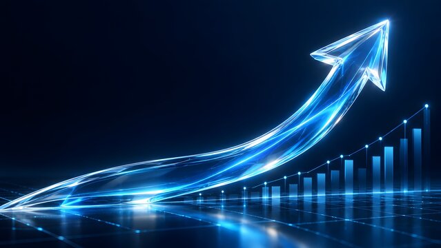 Luminous blue arrow dramatically ascending over futuristic digital grid, symbolizing business growth, financial success, and technological data progress.