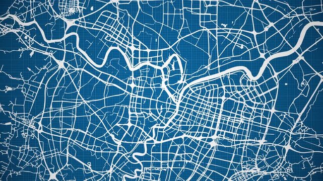 Ink reveal animation of Ningbo (Ningpo) city, Zhejiang, China, grid map. Aerial top view. Blueprint style. White lines with blue background. 4K Seamless loop.