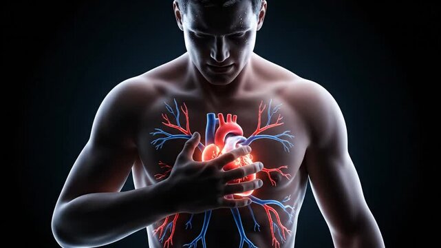 Human heart anatomy with man chest, and cardiology.