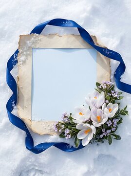Old parchment paper frame decorated with blue ribbon and crocus flowers on snow background