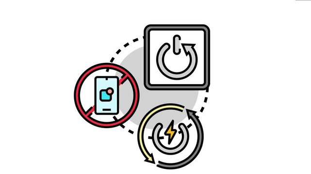 Product end of life cycle concept having icons for turning off, discarding electronic devices due to obsolescence, and recycling for future use of materials
