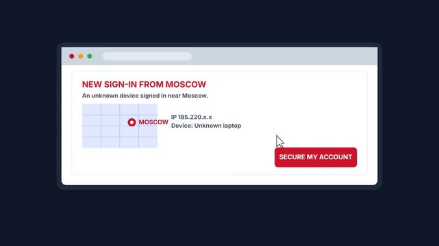 Cybersecurity Alert Interface Animation Showing Suspicious Login Notification and Successful Account Securing Process