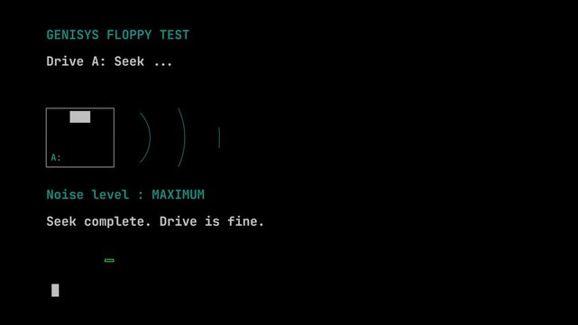 Retro Computer Floppy Disk Drive Seek Test Animation with High Noise Level Warning and Ready Status