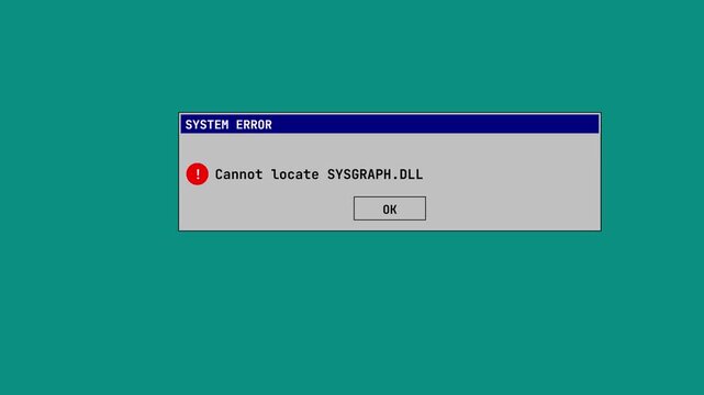 Retro Operating System Missing DLL File Error Message Dialog Box Animation on Teal Desktop Background