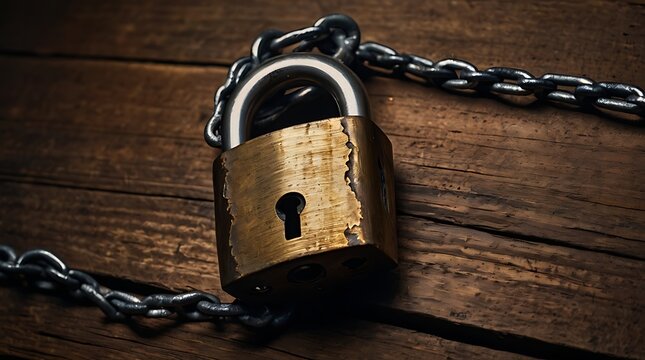 A weathered brass padlock and heavy metallic chain lie secured across a dark rustic wooden background with natural grain texture and horizontal layout.